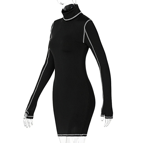 Black Long Sleeve Turtleneck Mini Dress - Picture 3 of 6